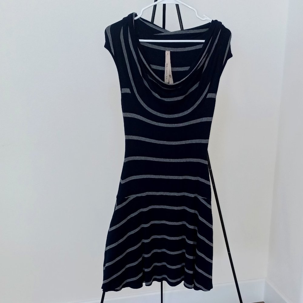 Anthropologie Bailey 44 Dress Navy Blue with Grey Stripes cowl neck jersey